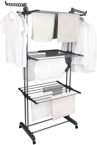 BARGAIN FACTORY Airer Clothes Drying Rack,4-Tier Grey Foldable Clothes Hanger Adjustable Large Stainless Steel Garment Laundry Racks for Indoor Outdoor with Foldable Wings