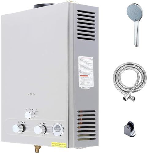 Calentador de agua sin tanque de propano, 1.6 GPM, 7 L, portátil para exteriores, para casas rodantes, caravanas, remolques, cabañas, graneros y uso en terrenos, color plateado