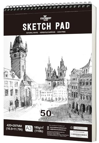 STATIONERY ISLAND Sketch Pad, A3 Sketch Book 180 g/m² Thick Paper, 100 Pages / 50 Sheets Spiral Bound Sketchbook 1 Pack