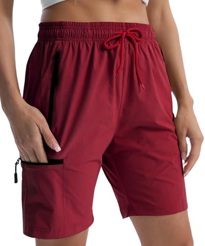 EBANKU Dam vandringsshorts snabbtorkande lätt sommarshorts för kvinnor resor atletisk golf med blixtlåsfickor, Röd, XL