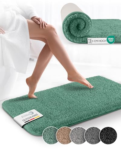 Beautissu Badematte rutschfest 60x50 cm – Duschvorleger Hochflor Badteppich rutschfest Waschbar Shaggy – Flauschig Badvorleger Badezimmerteppich – Badezimmer Badematte Mintgrün BeauMare FL