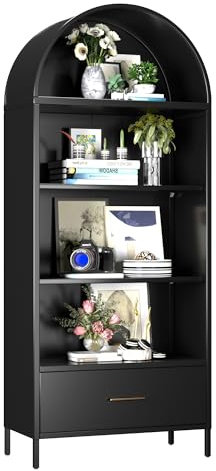 SUPEER Vitrine aus Metall Sideboard Standschrank mit Bogendach,Vitrinenschrank Küchenschrank Bücherregal mit 2 Verstellbare Halterung, Schrank für Wohnzimmer Schlafzimmer, 185x80x40 cm（schwarz）