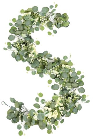 2 Pack Artificial Garland Faux Eucalyptus Vine with White Berries Babys Breath Flowers 5.9Ft Hanging for Wedding Arch Garden Porch