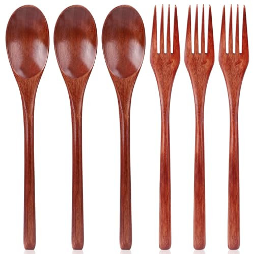 6 Pezzi Cucchiai e Forchette in Legno, 22,5cm Cucchiai di Legno Riutilizzabili Set di Utensili da Portata per Mescolare Cucinare Tè Caffè Miele Zucchero Barattolo Condimenti Uso Quotidiano