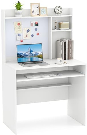 COSTWAY Computer Desk, Modern Writing Workstation PC Laptop Table with Hutch, Magnetic Bulletin Board, Keyboard Tray and Adjustable Shelf, Home Office Work Study Desk (White)