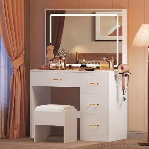 YITAHOME Schminktisch mit verstellbaren LED-Beleuchtung und Steckdosen,Frisiertisch mit 4 Schubladen mit Hocker,Schminktisch mit Spiegel,Weiß
