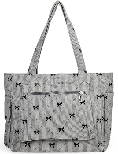 Farcauo Tote Bag for Women Cute Corduroy Shoulder Bag Gray Bow Tie Canvas Bags Large Capacity Travel Handbag