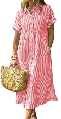 chouyatou Women's Summer Striped Midi Long Shirt Dress Casual Loose Short Sleeve Button Down Dress (XX-Large, Red)