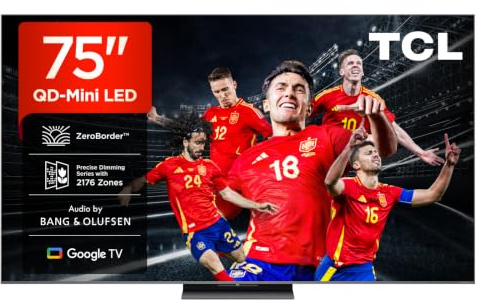 TCL 75Q8C Téléviseur QD‑Mini LED 75”, 4K HDR Premium 4500, ZeroBorder™, Smart TV sous Google TV (Dolby Vision IQ & Atmos, Panneau CrystGlow WHVA, Audio by Bang & Olufsen, 144Hz Motion Clarity Pro, GA