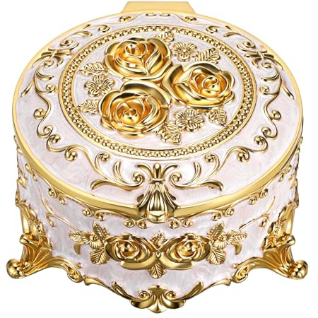 Hipiwe Round Jewery Box Metal Trinket Organizer Decorative Keepsake Box for Trrasure Ring Earring Holder Vintage Jewelry Display Case, Beige, 5.7 L x 5.1 W x 3.5 H