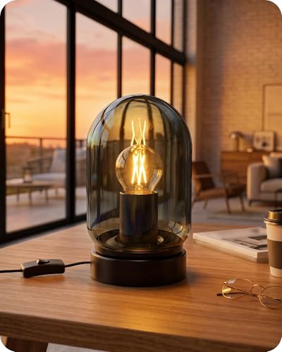 GOEBLESON Rauchglas Nachttischlampe mit Kabel, Vintage Glas Tischlampe