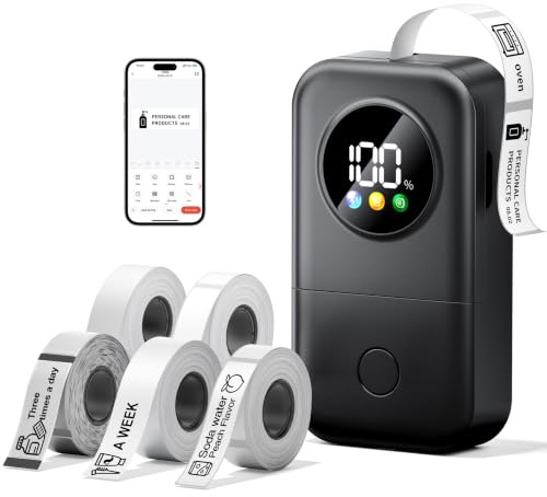 Phomemo D30D Mini Étiqueteuse Bluetooth avec 5 Rouleaux d’étiquettes, Noir | écran LED intelligent, imprimante thermique rechargeable pour la maison, l’école et le bureau
