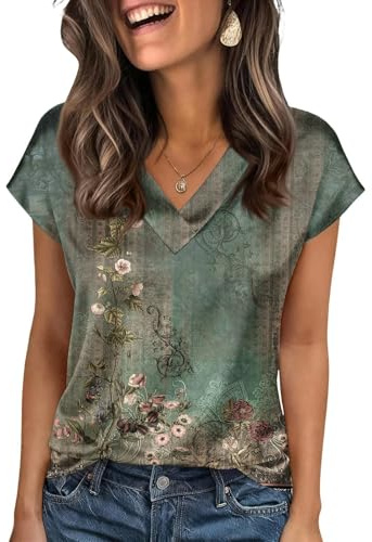RUIRUILICO T Shirt Donna in Raso Scollo a V Stampa Floreale Maglietta Estive a Maniche Corte Eleganti Top Casual Business Taglie Forti Bluse a Tunica