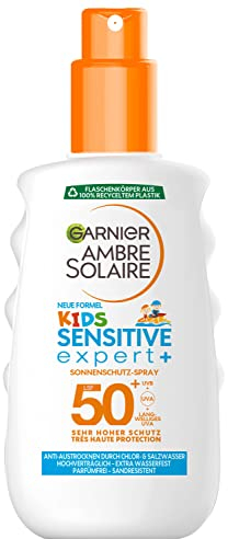 Garnier Sonnencreme LSF 50+ für Kinder, Wasserfest und resistent gegen Sand, Ambre Solaire Kids Sensitive expert+ Sonnenschutzspray, 1 x 200 ml
