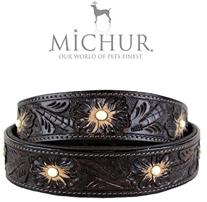 MICHUR Pablo Hundehalsband Leder, Lederhalsband Hund, Halsband, BRAUN, Leder, mit gestanzten Blumenmuster und weißem Stein, in verschiedenen Größen erhältlich