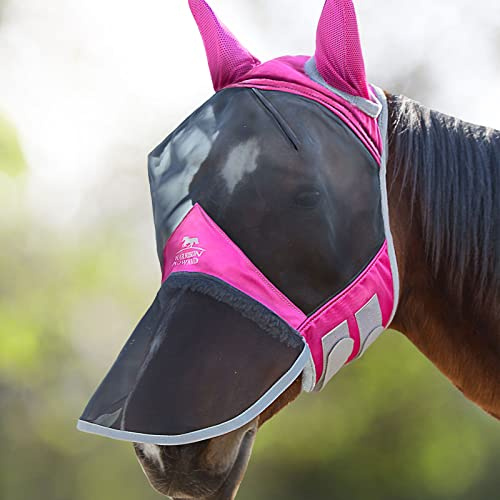 Harrison Howard CareMaster Pro Luminous Horse Fly Mask Large Eye Space Long Nose with Ears UV Protection for Horse Rosa Warmblut (L)
