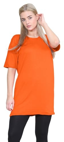 janisramone® Womens Short Sleeve Tunic T Shirts, Round Neck Oversized T Shirts for Women UK, Soft Comfortable Pj Dress, Perfect Summer Longline Ladies Tops Neon Orange