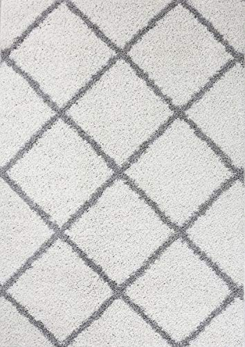 Hochflor Teppich Wohnzimmer Shaggy weich modern Rauten Muster Grau Anthrazit Creme Schwarz Rot Lila Beige, Farbe:Weiß, Maße:120x170 cm