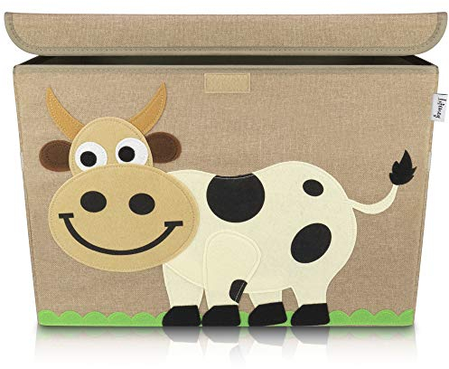 LIFENEY Aufbewahrungsbox Kinder groß 51 x 36 x 36 I Spielzeugkiste I Kiste mit Deckel für Kinderzimmer I Aufbewahrungsboxen mit Deckel I Spielzeugaufbewahrung (Kuh)