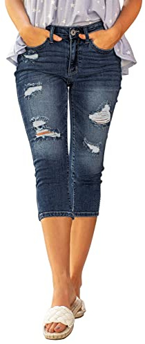 Roskiky Pantalones vaqueros capri para mujer de cintura alta Skinny Ripped Jean Denim, azul oscuro, XXL