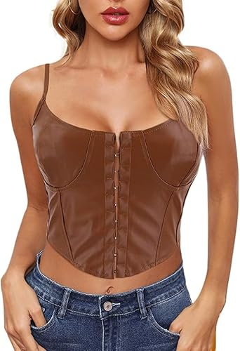 Naimo Crop Top sexy en cuir pour femme - Sans manches - Caraco - Bretelles spaghetti - Débardeur vintage, marron, L