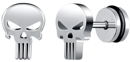 Yumilok Boucles d'oreilles Inoxydable pour Hommes: Rétro Argent Clous d'oreilles Piercing à Vis - Boucle d'oreille Crâne Bijoux Fantaisie Halloween Adolescents Décoration