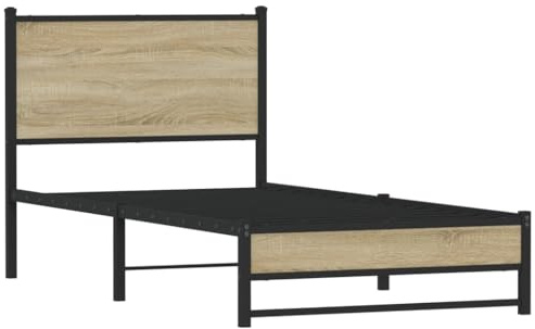 vidaXL Bettgestell, Metallbett Bett mit Kopfteil, Bettrahmen mit Lattenrost, Einzelbett für Schlafzimmer, Metall Sonoma-Eiche 90x200cm