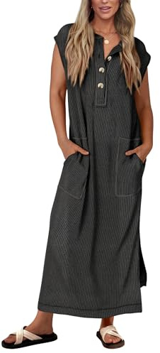 KIRUNDO Womens Summer Dresses 2026 Spring Ribbed Knit Henley Short Sleeve Maxi Dress Button Up Loose Beach Vacation Sundress(Black, Medium)