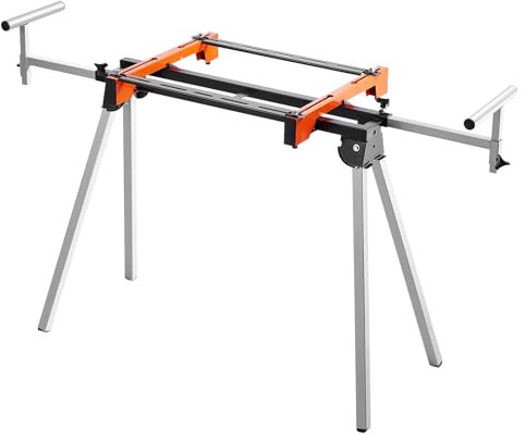 VEVOR Soporte para Sierra Ingletadora de Acero con Abrazaderas de Soporte de Montaje de Una Pieza Carga de 136,1 kg Altura y Longitud Ajustables, Soporte para Sierra Ingletadora Portátil y Plegable