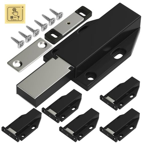 Push Open Door Catches Jiayi 6 Pack Magnetic Push Latches Cupboard Touch Latch for Kitchen Drawer Closer Black Touch Release Open for RV Door Damper, Large Push to Open Wardrobe Closure