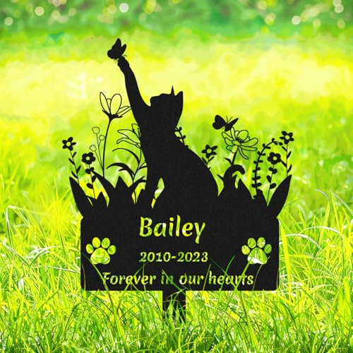 AdtHYUxq Personalized Flower Cat Memorial Grave Marker with Stake, Custom Butterfly Cat Memorial Stake Burial Marker Pet Loss Gift, Customized Metal Cat Memorial Plaque with Paws