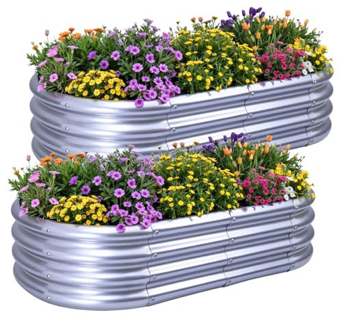 KINI MOX 2Pcs Raised Garden Bed 4x2x1 FT Galvanized Boxes Outdoor Planter Box Plant for Vegetables Flowers Herb (Oval, 4x2x1 FT/120x60x29 CM)