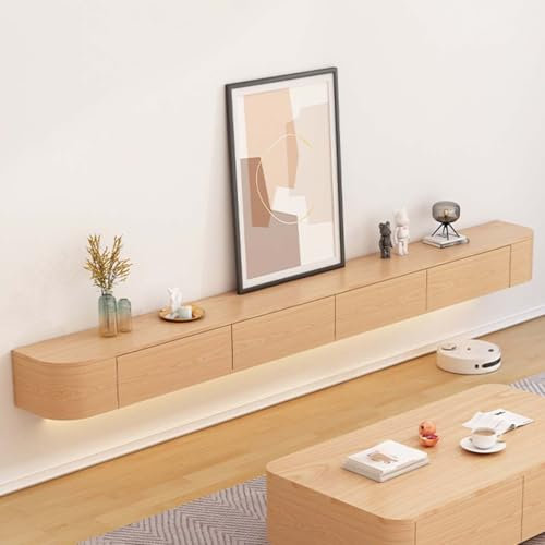 Ribanedy Mueble TV Suspendido Moderna | Consola de Medios de Entretenimiento Montada en la Pared | Banco de TV con Gran Capacidad de Almacenamiento para Sala de Estar y Oficina (Madera, 200cm)