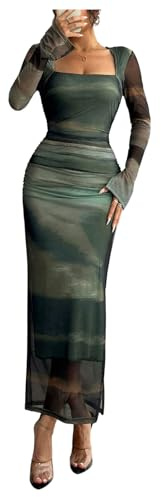 GORGLITTER Women's Tie Dye Square Neck Mesh Bodycon Maxi Dresses Long Sleeve Ruched Slit Pencil Wedding Guest Dress