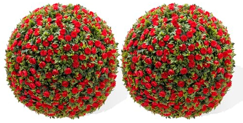 Gaderth Artificial Topiary Balls for Home Decor, Faux Red Rose Balls Set of 2,2 Hanging Chains Included, Red,21.6 Inch