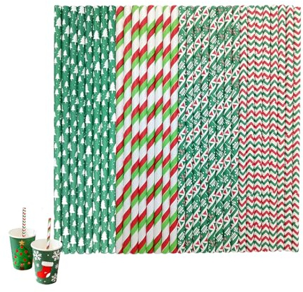 Lot de 100 pailles en papier biodégradables et recyclables colorées pour Noël, anniversaires, mariages et toutes vos fêtes - 4 designs festifs uniques,paille rouge et blanche,paille de noël