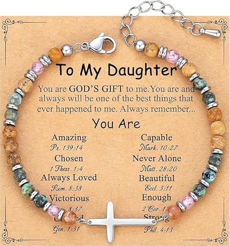 GiftGem Colorful Cross Bracelet for Daughters & Women, Natural Stone Beaded Christian Gifts – Inspirational Birthday, Confirmation, Baptism & Easter Jewellery