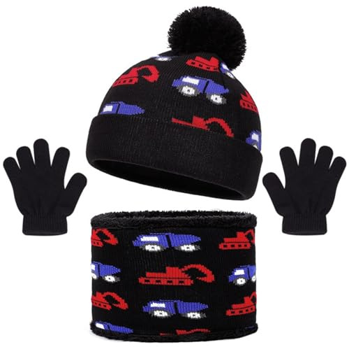 Générique Ensemble Bonnet Echarpe Fille Garçon Et Gants Tricoté Doublé En Polaire Tour De Cou D'Hiver Sous Casque Enfant Ado Bébé Avec Doublure Double Épaisseur (Le noir,Taille unique)