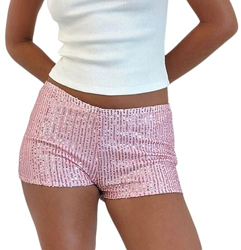 Yassiglia Women's Shine Sequin Shorts Summer Low Rise Elastic Waistband Shorts Streetwear for Club Party