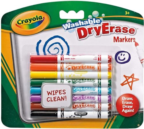CRAYOLA Washable Dry-Erase Markers - Assorted Colours (Pack of 8) | Low Odour, Easy Wiping Colouring Fun! Ideal for Kids Aged 3+