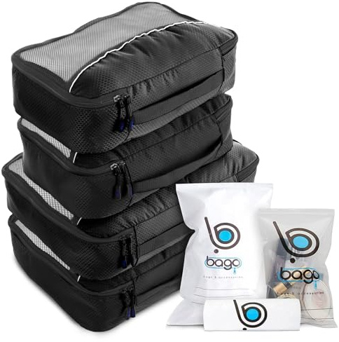 bago Confezione da 7 cubi da viaggio – 4 cubi da imballaggio con 3 sacchetti con cerniera – Cubi da viaggio per ottenere il massimo spazio di archiviazione, risparmiare tempo e fatica da imballare –