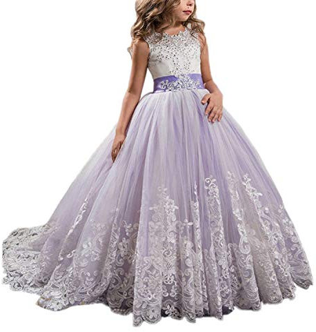 Susenstone Robe Enfant Mignon Fille Ceremonie Anniversaire De Princesse d'honneur Mariage avec Bowknot Longue en Dentelle Robe Tutu De SoiréE NoëL Carnaval 3-9 Ans (5 Ans, Violet A)