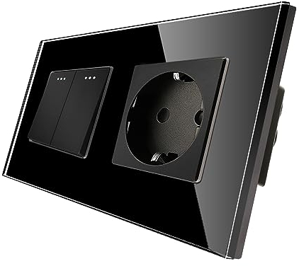 CNBINGO Presa Schuko con interruttore della luce da incasso, colore nero, interruttore da parete con piastra in vetro, con punti fluorescenti, 2 scomparti, interruttore di commutazione