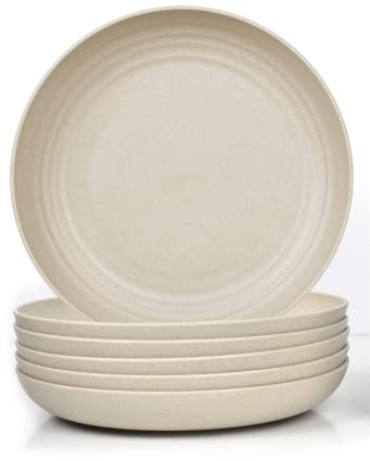 JSYMJSY Tiefe Teller Set, 6Teilig 23cm Speiseteller Bruchfest, Essteller Plastik Mehrweg, Camping Teller, Leicht, Kunststoff BPA-Frei Mikrowellenfest Spülmaschinenfest, Beige