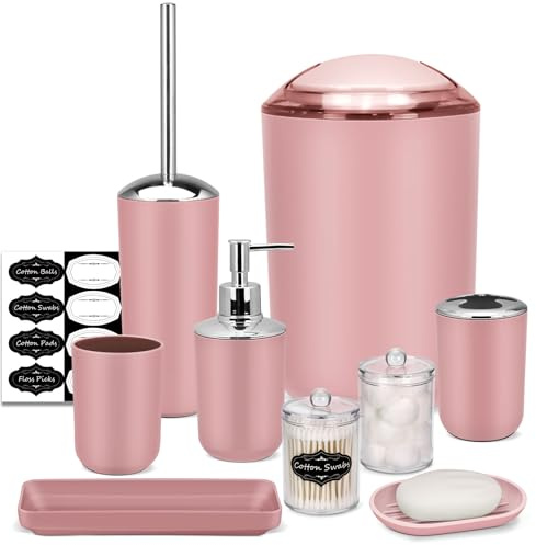 IMAVO Bathroom Accessory Set - 8 Pcs Pink Set with Trash Can, Soap Dispenser, Soap Dish, Toothbrush Holder, Toothbrush Cup, Toilet Brush Holder, Qtip Dispenser