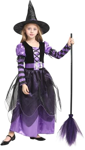 Cloudkids costume da strega bambina - costume di Halloween con cappello e cintura di carnevale per bambini costume cosplay + scopa (4-6 anni)