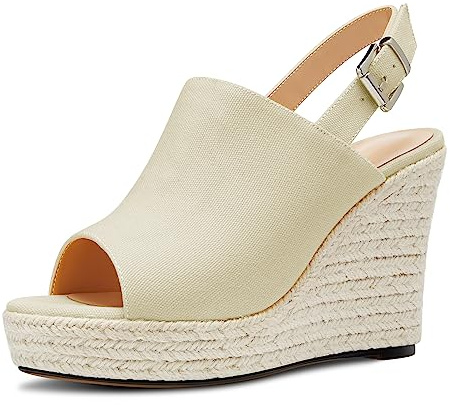 Castamere Femmes Haut High Compensé Plate-forme Talon Heel Ouvert Bout Slip-on Sandales Slingback Danse Décontracté Été 10 CM Heels Beige 39 EU