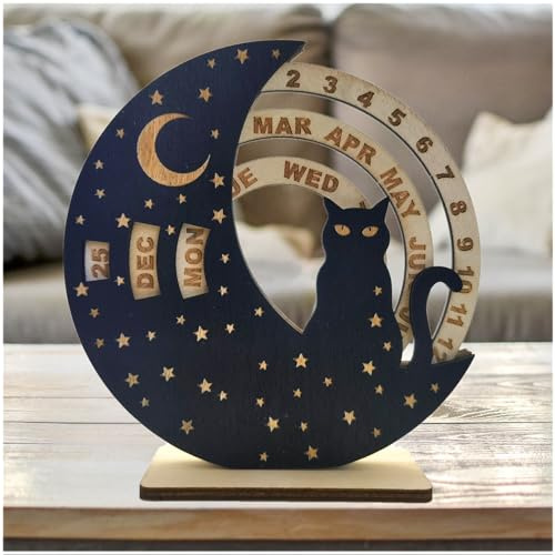 ENCIMART Cat Perpetual Desk Calendar,Reusable 6 Inch Wooden Mini Moon Calendar Creative Rotatable Disk Calendar Decoration,Desk Accessories for Home Office Decor for Cat Lovers