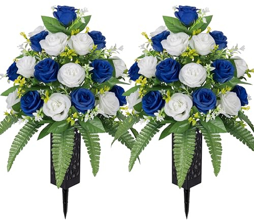 MOOMASS Artificial Cemetery Flowers – Grave Decorations, Cemetery Flowers for Grave Vase, Artificial Rose, Silk Flowers for Long-Lasting Remembrance(Dark Blue+White, 2 Bouquets)