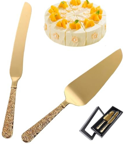 Hilai Servidores de pastel, corte de pastel para la boda 2pcs cuchillo de pastel y servidor Conjunto de pastel de oro grabado vintage juego para bodas, cumpleaños y aniversarios